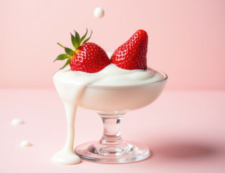 Delicious yogurt with fresh strawberry in glass bowl on pink background.の素材