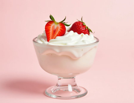 Strawberry yogurt with fresh strawberries in a glass bowl on pink backgroundの素材