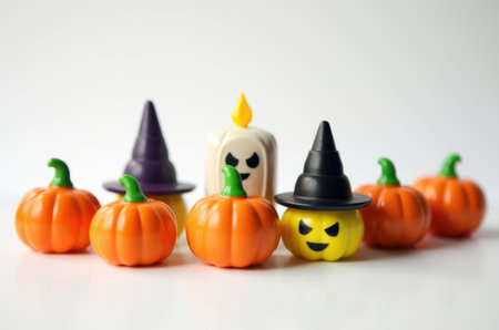 Halloween pumpkins with witch hat and candles on white background.の素材