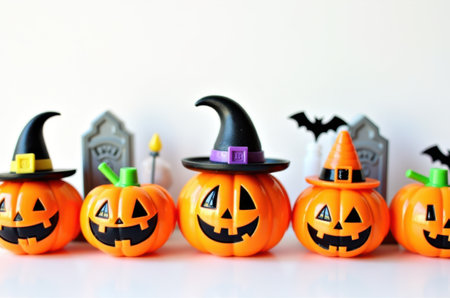 Halloween pumpkins with witch hat, broom and bats on white backgroundの素材
