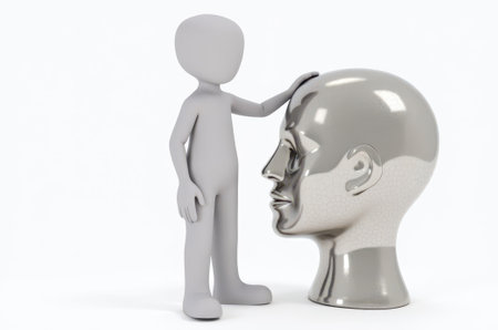 a man symbolizes thoughts, reflection, throwing a cloud of thoughts, a frame with thoughts, a thinking man on a white backgroundの素材