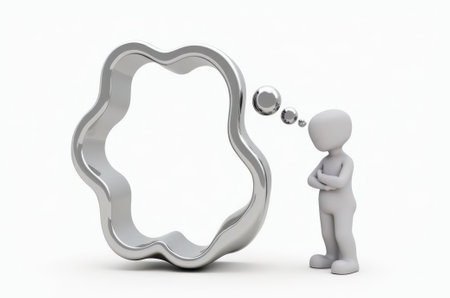 a man symbolizes thoughts, reflection, throwing a cloud of thoughts, a frame with thoughts, a thinking man on a white backgroundの素材