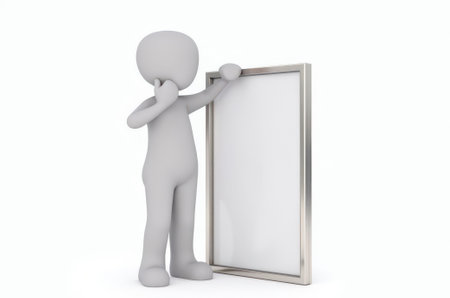 a man symbolizes thoughts, reflection, throwing a cloud of thoughts, a frame with thoughts, a thinking man on a white backgroundの素材