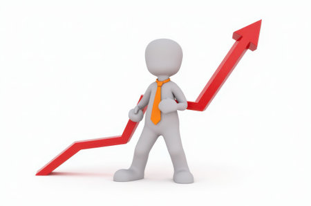 3d man red arrow success chart on white background. Image symbol of success, desire for business developmentの素材
