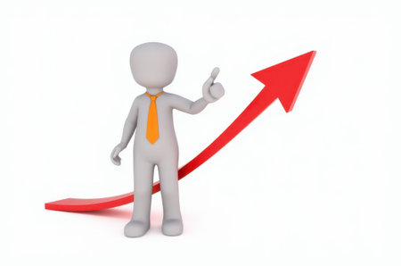 3d man red arrow success chart on white background. Image symbol of success, desire for business developmentの素材