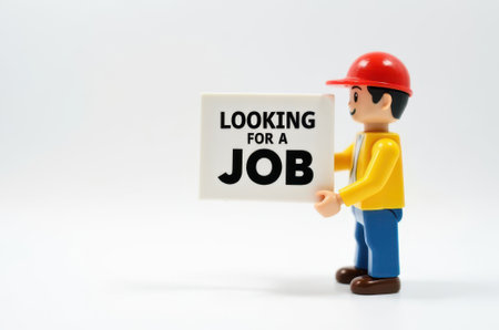 toy man holding a sign with the text (I'm looking for a job) on a white backgroundの素材