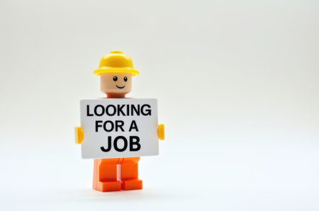 toy man holding a sign with the text (I'm looking for a job) on a white backgroundの素材