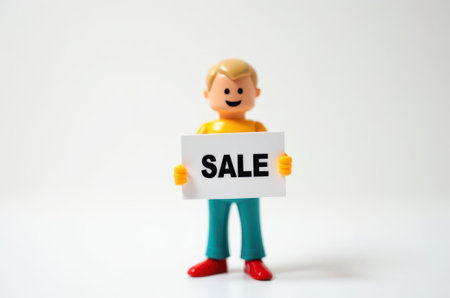 Miniature people : A man holding sale sign on white background.の素材
