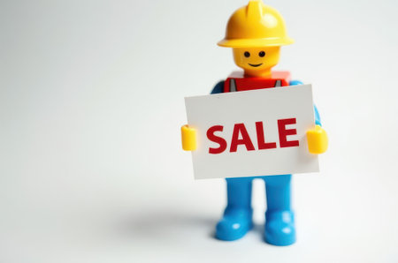Miniature worker holding sale sign on white background with copy space.の素材