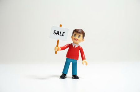 Miniature people : Happy man holding sale sign on white background.の素材