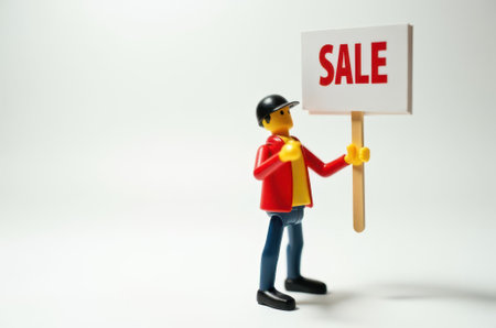 Miniature people : Superhero holding sale sign on white background.の素材