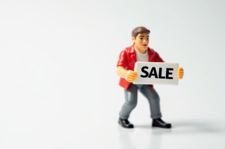 toy man holding a sign with the text Sale on a white backgroundの素材