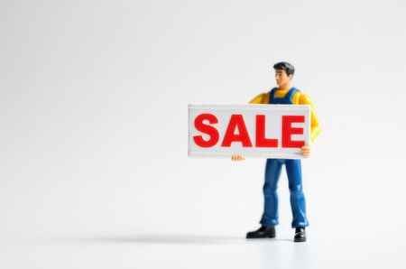 toy man holding a sign with the text Sale on a white backgroundの素材