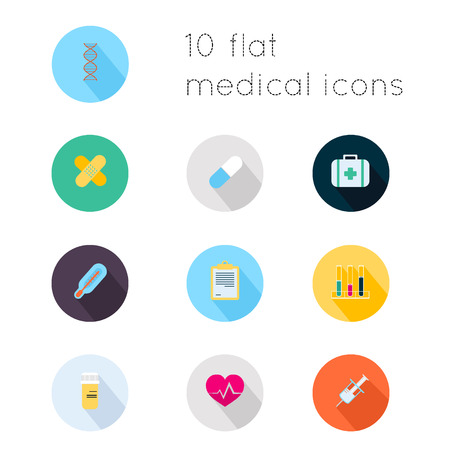 Modern flat icons vector collection with long shadow effect in stylish colors of medical theme. Isolated on white background.のイラスト素材