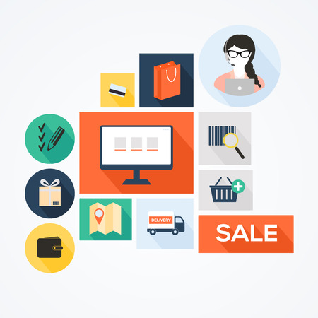 Flat design vector stylish illustration concept with icons of retail commerce and marketing elements such as promotion, coupon, discount with various shopping and money economy sign and symbol.のイラスト素材