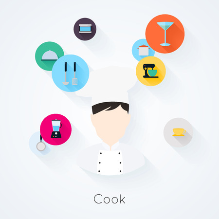 Cook character with food cooking and serving icons set. Vector illustrationのイラスト素材