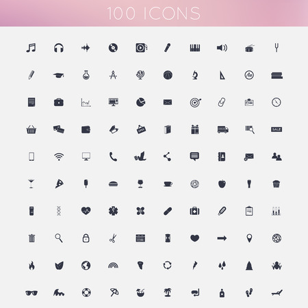 Set of 100 flat icons ( music icons, education icons, business icons, shopping icons, communication icons, food and drink icons, medical icons, web tools icons, ecology icons, vacation icons )のイラスト素材