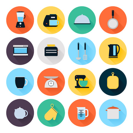 Kitchen utensils and cookware flat icons set, cooking tools and kitchenware equipment, serve meals and food preparation elements. Modern design style vector illustration symbol collection.のイラスト素材