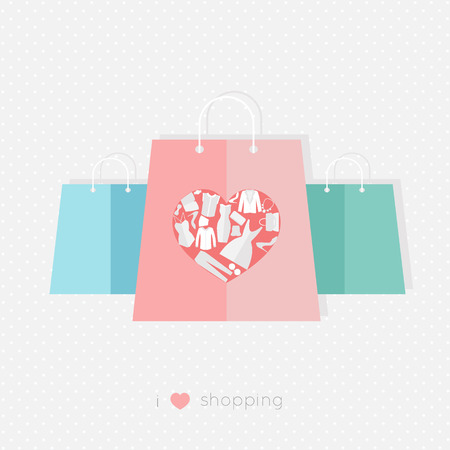 Design template with paper bags, the heart is made of different female fashion accessories. Raster version also available.のイラスト素材