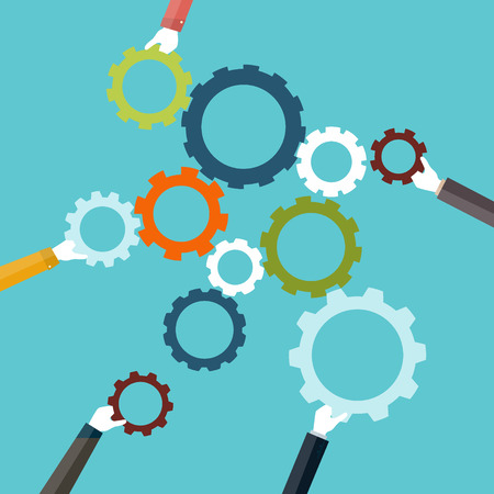 Concept of teamwork and integration with businessman holding colorful cogwheelのイラスト素材