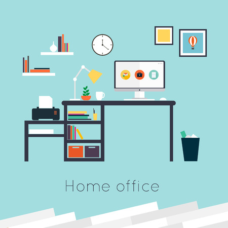 Home office. Furniture and Accessories. Flat design vector illustration of modern home office interior with designer desktopのイラスト素材