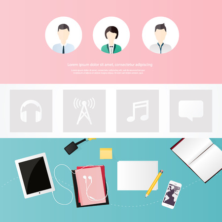 website design template. All in one set for website design that includes one page website template, set of flat buttons, ux/ui kit for website design, flat design concept illustrations.のイラスト素材