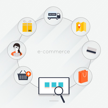 E-commerce flat poster with monitor and icons set vectorのイラスト素材
