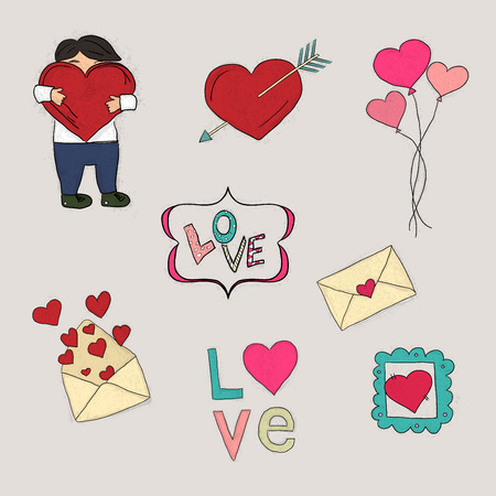 Valentine's day. Love collection: heart, envelopes, balloons, signs, boy with a heartのイラスト素材