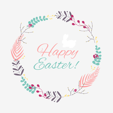 Happy Easter greeting card with flowers eggs and rabbit elements composition.のイラスト素材