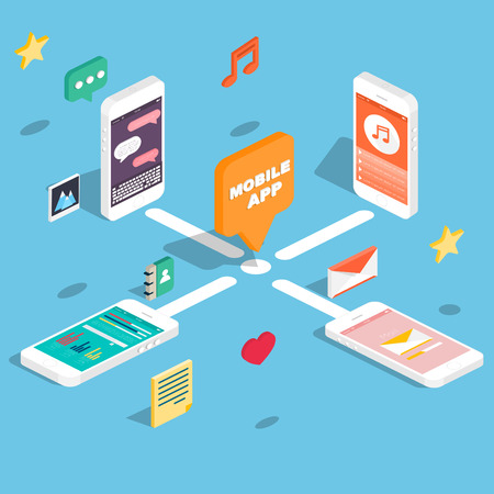 Flat 3d isometric phones with user interface development concept. Application and software, screen and phone.のイラスト素材