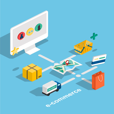 Flat 3d web isometric e-commerce, electronic business, online shopping, payment, delivery, shipping process, sales, black friday infographic concept vector. tablet buy button.のイラスト素材