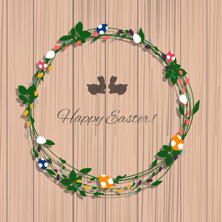 Happy Easter greeting card with flowers eggs and rabbit elements composition.のイラスト素材