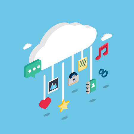 Social media flat 3d isometric pixel art modern design concept vector icons composition set. Desktop, chat, video, photo, music, phone, tablet. Flat web illustration infographics collection.Application and software, screen and phone.のイラスト素材