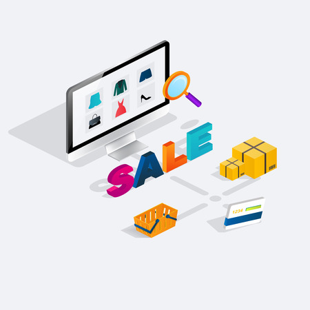 Flat 3d web isometric e-commerce sale, electronic business, online shopping, payment, delivery, shipping process, sales, black friday infographic concept vector. tablet buy button.のイラスト素材
