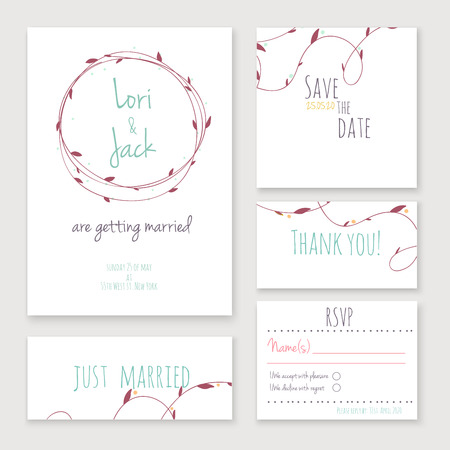 Wedding invitation card set. Thank you card, save the date cards, RSVP card, just married card.のイラスト素材