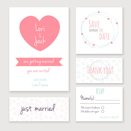 Wedding invitation card set. Thank you card, save the date cards, RSVP card, just married card.のイラスト素材