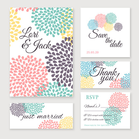 Wedding invitation card set. Thank you card, save the date cards, RSVP card, just married card.のイラスト素材