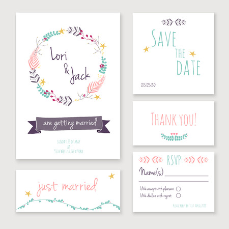 Wedding invitation card set. Thank you card, save the date cards, RSVP card, just married card.のイラスト素材