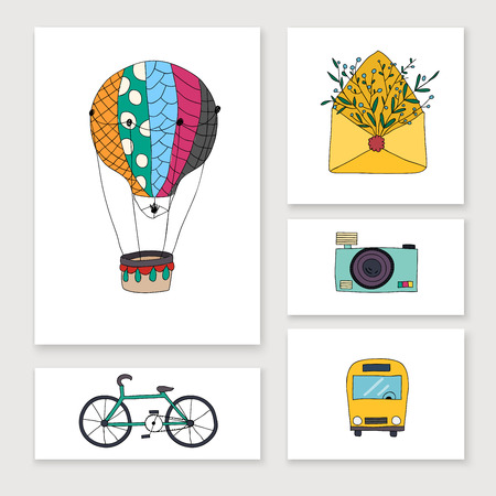 ards with travel hand draw objects: balloon, bike, bus, camera, letter.のイラスト素材