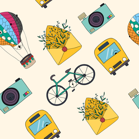 Vector hand drawn travel seamless pattern.のイラスト素材
