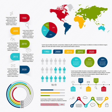 Business data market elements dot bar pie charts diagrams and graphs flat icons set. Can be used for info graphics, graphic or website layout vector, numbered banners, diagram. Vector illustration.のイラスト素材