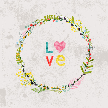 Spring flowers, leaves, dandelion, grass on a vintage background. Design for invitation, wedding or greeting cards.のイラスト素材
