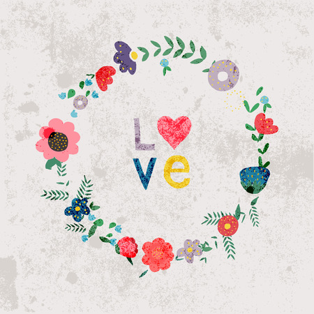 Spring flowers, leaves, dandelion, grass on a vintage background. Design for invitation, wedding or greeting cards.のイラスト素材