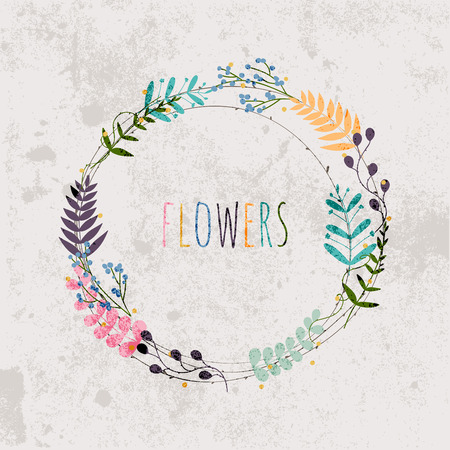 Spring flowers, leaves, dandelion, grass on a vintage background. Design for invitation, wedding or greeting cards.のイラスト素材