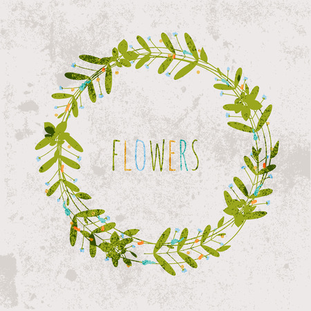 Spring flowers, leaves, dandelion, grass on a vintage background. Design for invitation, wedding or greeting cards.のイラスト素材