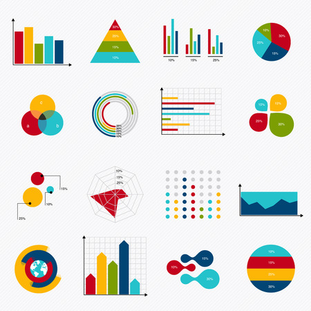 Business data market elements dot bar pie charts diagrams and graphs flat icons set. Can be used for info graphics, graphic or website layout vector, numbered banners, diagram, horizontal cutout lines, web design. Vector illustration.のイラスト素材