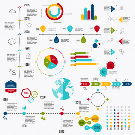 Business data market elements dot bar pie charts diagrams and graphs flat icons set. Can be used for info graphics, graphic or website layout vector, numbered banners, diagram, horizontal cutout lines, web design. Vector illustration.のイラスト素材