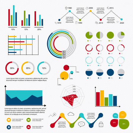 Business data market elements dot bar pie charts diagrams and graphs flat icons set. Can be used for info graphics, graphic or website layout vector, numbered banners, diagram, horizontal cutout lines, web design. Vector illustration.のイラスト素材