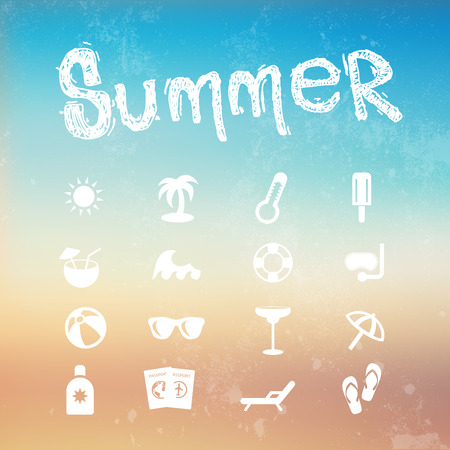 Vector summer icon set on a blurred background beach.のイラスト素材