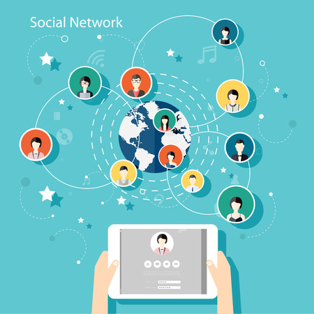 Social Network Vector Concept. Flat Design Illustration for Web Sites Infographic Design with human hand with tablet avatars. Communication Systems and Technologies.のイラスト素材